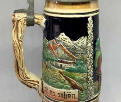 Jarra vintage de cerveza Alemana – cerámica con tapadera de estaño y caja de música