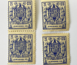 Lote de 4 sellos fiscales de 25 céntimos Timbre móvil